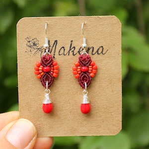 Red Macrame Earrings – Seed Bead & Glass Boho Jewellery
