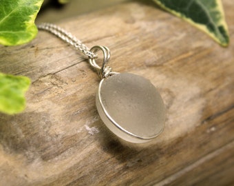 Frosted White Seaham Sea Glass Sterling Silver 925 Necklace - English Sea Glass Pendant - Seaglass Necklace