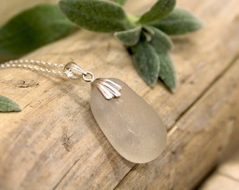 Frosted White Seaham Sea Glass Sterling Silver 925 Necklace - English Sea Glass Pendant - Seaglass Necklace