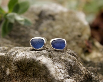 Blue Sea Glass Stud Earrings / Seaham Sea Glass Studs- Silver 925 Earrings English Sea Glass Studs