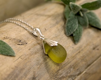 Lime Green Seaham Sea Glass Sterling Silver 925 Necklace - English Sea Glass Pendant - Seaglass Necklace