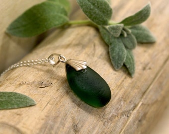 Green Seaham Sea Glass Sterling Silver 925 Necklace - English Sea Glass Pendant - Seaglass Necklace