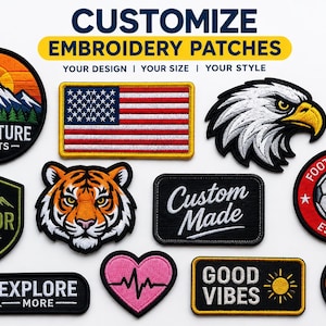 May include: A collection of embroidered patches featuring various designs including a mountain landscape with the text ADVENTURE AWAITS, an American flag, a bald eagle head, a tiger face, a football, and text reading CUSTOM MADE and GOOD VIBES.