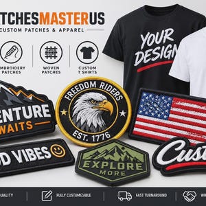 Puede incluir: Una colección de parches personalizados que incluye un parche de montaña negro con el texto ADVENTURE AWAITS, un parche redondo de águila, un parche rectangular de bandera estadounidense, un parche negro GOOD VIBES, un parche de montaña verde y un parche de texto.