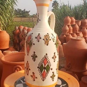 Handmade Ceramic Water Bottle & Decorative Vase, Hand-Painted Moroccan Terracotta Jug, Traditional Berber Clay Carafe, Rustic Home Decor Gif