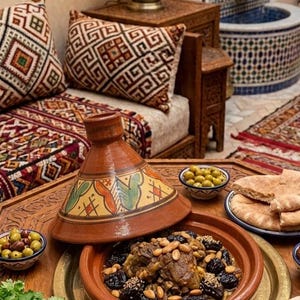 Peut inclure: Un tajine en terre cuite avec un couvercle conique orné de motifs géométriques peints à la main en vert, jaune et rouge. La base contient un plat de viande, de pruneaux et d'amandes, servi sur un plateau en métal avec des olives et du pain.
