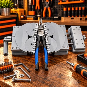 May include: A pair of metal pliers with blue and black handles positioned vertically within a complex silver metal clamping jig. The jig features multiple circular plates and adjustment screws. Nearby are two bolts, two washers, two L-shaped hex keys, and a screwdriver.
