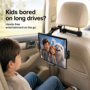 May include: A black adjustable tablet mount attached to a car headrest, holding a tablet displaying an animated scene. The text reads: Kids bored on long drives? Hands-free entertainment on the go. The mount features a multi-jointed arm.