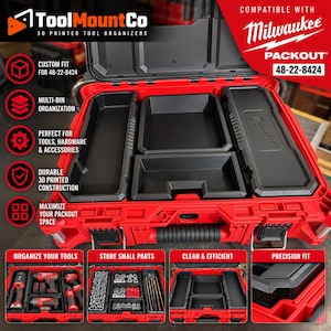 Può includere: Una cassetta degli attrezzi Milwaukee Packout 48-22-8424 rossa e nera con inserti in plastica nera stampati in 3D per l'organizzazione multi-scomparto. L'interno contiene vari vani rettangolari progettati per utensili e accessori.