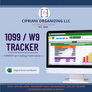 Può includere: Una cartella di lavoro Excel digitale per il monitoraggio 1099/W9 di Cipriani Organizing LLC, fondata nel 2020. L'immagine mostra un monitor con un foglio di calcolo, grafici colorati, etichette di testo e note di compatibilità per Excel 2016 o successivi.