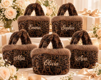 Personalized Leopard Print Faux Fur Handbag, Embroidered Name, Bridesmaid Gift