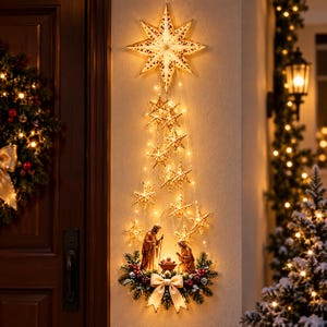 Könnte beinhalten: Eine Wandweihnachtsdekoration mit einem großen beleuchteten Stern an der Spitze, der durch Lichterketten mit kleineren Sternen mit einer Krippenszene an der Basis verbunden ist, verziert mit grünen Tannenzweigen, roten Beeren und einer beigen Schleife.