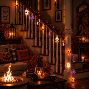 May include: A string of Halloween-themed LED lights featuring various illuminated figures including orange pumpkins, white ghosts, purple witches, skulls, and mummies, draped along a wooden staircase railing in a dimly lit room.