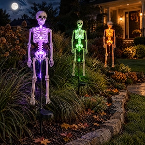 May include: Three off-white plastic skeleton figures mounted on black metal stakes. Each skeleton features a glowing LED light in the chest cavity, emitting purple, green, and orange light respectively. Each stake includes a small solar panel base.