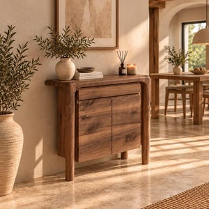 May include: A wooden console table with a smooth top, rounded edges, and two cabinet doors. The piece features a natural wood grain finish and stands on four sturdy legs. It is positioned against a wall, providing a surface for decorative items.