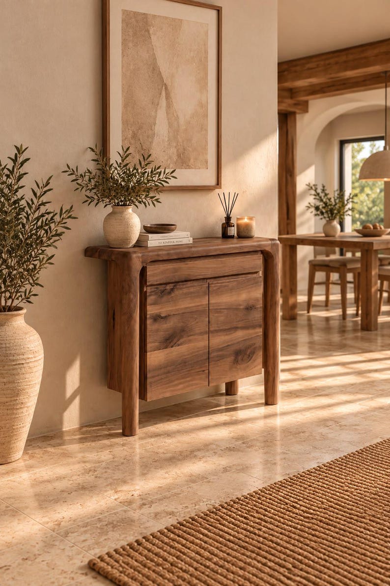 May include: A wooden console table with a smooth top, rounded edges, and two cabinet doors. The piece features a natural wood grain finish and stands on four sturdy legs. It is positioned against a wall, providing a surface for decorative items.
