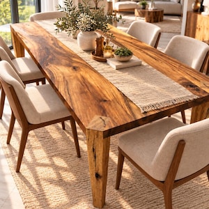 Peut inclure: Une table à manger rectangulaire en bois avec une finition à grain naturel et des pieds épais, entourée de six chaises avec des sièges rembourrés beige clair et des cadres en bois. Un chemin de table beige texturé est au centre.