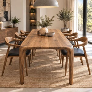 Op de afbeelding: Een rechthoekige houten eettafel met afgeronde hoeken en dikke poten, vergezeld door zes houten stoelen met gebogen rugleuningen en zwarte gestoffeerde zittingen. Een keramische vaas met groen blad staat op het tafeloppervlak.