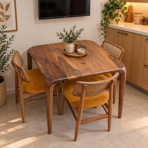 May include: A square wooden dining table with rounded corners and a natural grain finish, accompanied by four chairs featuring mustard yellow upholstered seats and woven cane backrests. A round tray with a small plant sits on the table.