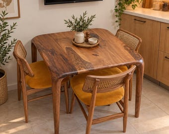 May include: A square wooden dining table with rounded corners and a natural grain finish, accompanied by four chairs featuring mustard yellow upholstered seats and woven cane backrests. A round tray with a small plant sits on the table.
