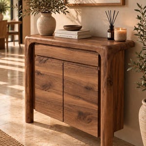 May include: A wooden console table with a smooth, rounded frame, featuring one top drawer and two cabinet doors. The natural wood grain is visible throughout the piece, which stands on four sturdy legs. The surface holds a ceramic vase, books, and a candle.