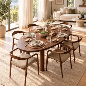 Peut inclure: Une table de salle à manger ovale en bois foncé avec six chaises assorties dotées de dossiers incurvés et de sièges rembourrés beiges. La table est dressée avec des assiettes blanches, des serviettes en lin, des verres et un saladier central.