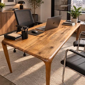 Peut inclure: Un grand bureau rectangulaire en bois avec une finition à grain naturel et des coins arrondis, comprenant un ordinateur portable argenté, une souris noire sur un tapis, un porte-stylo noir avec des stylos et un plateau noir avec des carnets.