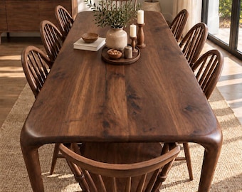 May include: A large rectangular dark brown wooden dining table with rounded corners and eight matching spindle-back chairs. The table surface holds a round wooden tray with a ceramic vase, two pillar candles, and small bowls containing greenery.