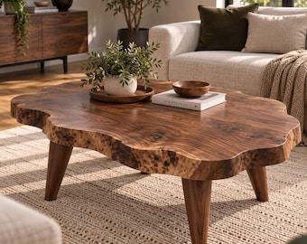 May include: A low coffee table featuring a thick, natural-edge dark wood slab top with a prominent burl grain pattern. The table is supported by three sturdy, tapered wooden legs and displays a smooth, polished finish across its irregular, organic shape.