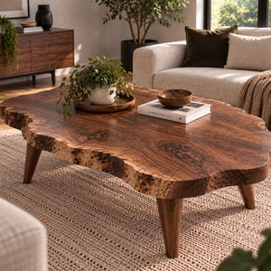 May include: A low coffee table featuring a dark brown natural wood slab top with a live edge and a prominent burl wood grain pattern. The table is supported by three tapered wooden legs and holds a small potted plant and a book titled The Kinfolk Home.