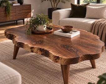 Mesa de centro de nogal con borde natural, mesa de centro de madera maciza, mesa de centro rústica hecha a mano, mesa de centro de nogal con borde natural