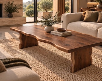 May include: A low-profile coffee table crafted from dark brown wood with a natural live edge finish. The table features a thick, rectangular slab top supported by two sturdy, matching wooden slab legs, showcasing a prominent wood grain pattern.