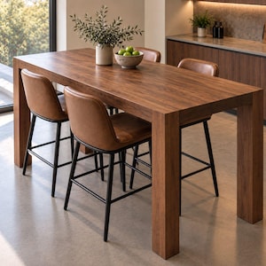 May include: A rectangular wooden dining table with a dark brown wood grain finish, accompanied by four bar stools featuring tan leather-like seats and black metal frames. A ceramic bowl with green apples sits on the table surface.