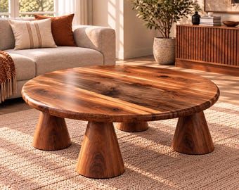 May include: A round coffee table crafted from natural wood with a visible grain pattern. The table features a smooth, circular tabletop supported by three wide, conical legs that taper toward the floor, providing a stable base.
