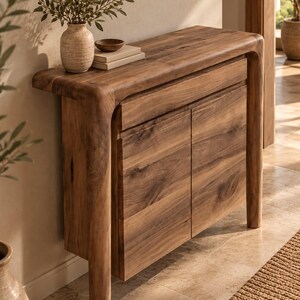 May include: A wooden console table featuring a smooth, rounded frame with a natural grain finish. The piece includes a single top drawer and two lower cabinet doors. A textured ceramic vase and a small wooden bowl sit on the tabletop surface.