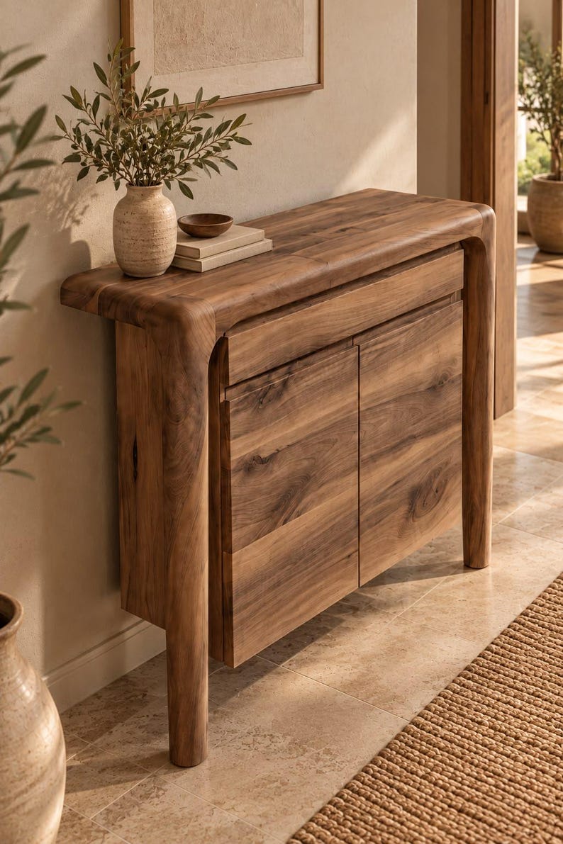 May include: A wooden console table featuring a smooth, rounded frame with a natural grain finish. The piece includes a single top drawer and two lower cabinet doors. A textured ceramic vase and a small wooden bowl sit on the tabletop surface.