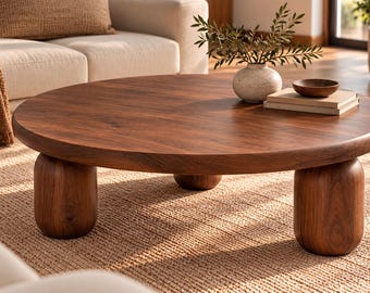 May include: A round, dark brown wooden coffee table with a smooth, thick tabletop and three large, cylindrical, rounded legs. The table surface holds a small, light-colored ceramic vase with green foliage and a small wooden bowl.