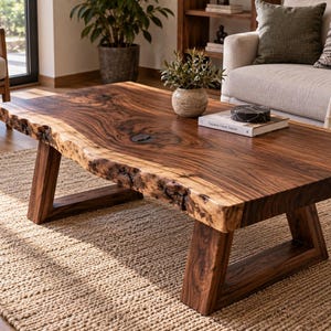 May include: A rectangular coffee table made of dark brown wood with a natural live edge featuring visible knots and grain patterns. The table is supported by two angled wooden legs and holds a small potted plant and a book with a black object on top.
