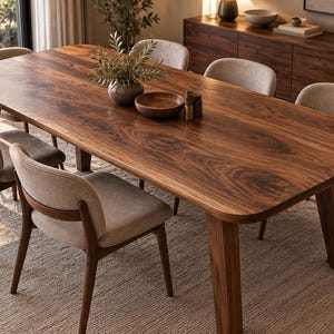 May include: A rectangular dining table made of dark brown wood with rounded corners and four sturdy legs, accompanied by six chairs featuring light beige upholstered seats and curved wooden backrests, arranged around the table surface.