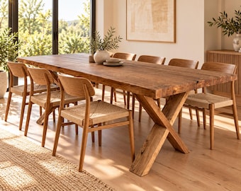 May include: A rectangular wooden dining table with a thick, textured surface and a sturdy X-shaped base, accompanied by six matching wooden chairs featuring woven seats. The set is crafted from natural wood with visible grain patterns.