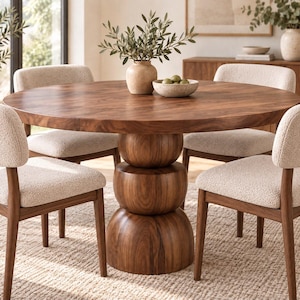 May include: A round wooden dining table with a dark brown finish and a central pedestal base composed of three stacked, rounded wooden spheres. Four chairs with light beige textured fabric upholstery and wooden legs surround the table.