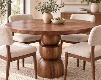 May include: A round wooden dining table with a dark brown finish and a central pedestal base composed of three stacked, rounded wooden spheres. Four chairs with light beige textured fabric upholstery and wooden legs surround the table.