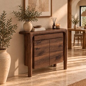 May include: A dark brown wooden console table with a smooth top, a single drawer, and two cabinet doors. The piece features rounded edges and four sturdy legs. It is decorated with a textured ceramic vase, a small bowl, and books.