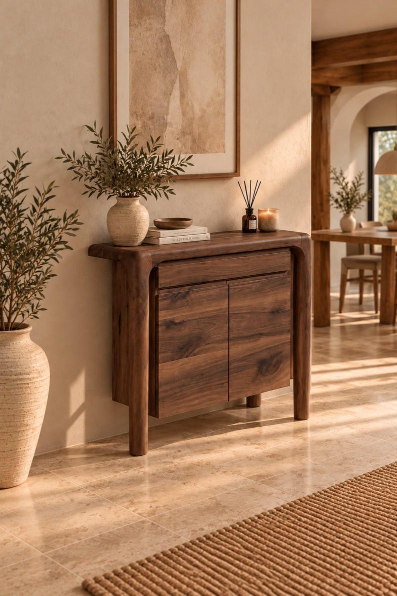 May include: A dark brown wooden console table with a smooth top, a single drawer, and two cabinet doors. The piece features rounded edges and four sturdy legs. It is decorated with a textured ceramic vase, a small bowl, and books.