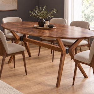 Mesa de comedor ovalada de nogal macizo, patas esculturales en forma de Y, mesa de comedor de madera hecha a mano, mesa moderna de mediados de siglo, mesa de tamaño personalizado.