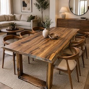 Puede incluir: Una mesa de comedor rectangular con una superficie de madera de borde natural y una base robusta en forma de U, rodeada por seis sillas de madera con respaldos curvos y asientos tapizados en color beige claro sobre una alfombra texturizada.