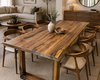Solid Walnut Dining Table – Handmade Live Edge Wood Table, Modern Rustic Dining Room Table, Custom Size Natural Walnut Furniture