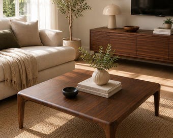 May include: A square, dark wood coffee table with rounded edges and four tapered legs. On the table sits a small black bowl, a white textured vase containing green leafy stems, and two stacked books titled A Frame for Life and Live Beautifully.