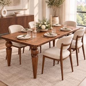 Pode incluir: Uma mesa de jantar retangular de madeira com quatro pernas grossas e arredondadas e seis cadeiras estofadas com encostos curvos. A mesa está posta com pratos brancos, copos, talheres dourados e guardanapos de tecido.