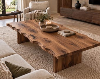 May include: A low-profile coffee table crafted from a single slab of natural brown wood with a prominent live edge. The table features a smooth, polished surface with visible wood grain and knots, supported by two sturdy, rectangular wooden legs.